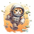 a cute kitten wearing astronaut dress on white and orange background generative AI Royalty Free Stock Photo