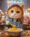 cute kitten wearing denim overalls eats spaghetti in cafe