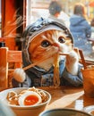 cute kitten wearing denim overalls eats spaghetti in cafe