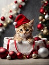 Cute kitten wearing Santa Claus red hat sits in the white gift bag. Generative AI Royalty Free Stock Photo