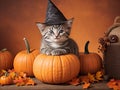 Cute kitten in a witch's cone hat, sitting next to a pumpkin on autumn harvest background Royalty Free Stock Photo