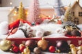 Cute kitten yawning and lying in box with santa hat and christmas baubles in lights. Cozy winter Royalty Free Stock Photo