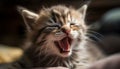 Cute kitten yawning, playful and fluffy, staring at camera indoors generated by AI Royalty Free Stock Photo