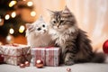 Cute Kittens and Christmas Boxes, Cat Present and Christmas Tree, Xmas Greeting Card with Cute Cats Royalty Free Stock Photo