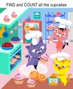 Cute kittens cooking in kitchen. Find and count all cupcakes. Game for children. Vector illustrations, full color. Royalty Free Stock Photo