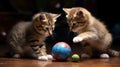 Cute kittens playing with small soccer ball