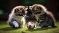 Cute kittens playing with small soccer ball Royalty Free Stock Photo