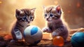 Cute kittens playing with small soccer ball