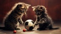 Cute kittens playing with small soccer ball