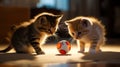 Cute kittens playing with small soccer ball