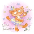 Cute kitty ballerina dancing. Little ballerina. Inscription. Watercolor. Vector