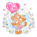 Cute kitty with a balloon in the form of a heart. Valentine. I love you. Vector. Watercolor Royalty Free Stock Photo