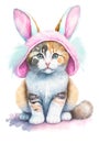 Cute kitty cat dressed as a bunny rabbit for Easter wearing a fuzzy pink Easter bonnet, a hat with bunny ears. Royalty Free Stock Photo