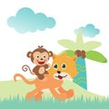 Cute kitty cat and monkey running in the junggle with cartoon style. Creative vector childish background for fabric, textile,