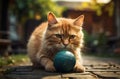 cute kitty cat playing with ball outdoor