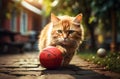 cute kitty cat playing with ball outdoor