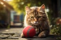 cute kitty cat playing with ball outdoor