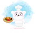 Cute kitty chef holding tasty fish on plate. fresh fish healthy dinner. fish delicious dish illustration. Premium Vector