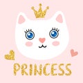 Cute kitty face with a crown and inscription princess