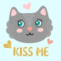 Cute kitty face with inscription `kiss me`