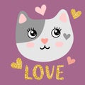Cute kitty face with inscription `love` Royalty Free Stock Photo
