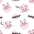 Cute kitty muzzle pattern. Seamless pattern with face cats and circle.
