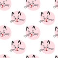 Cute kitty muzzle pattern. Seamless pattern with face cats and circle.