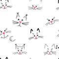 Cute kitty muzzle pattern. Seamless pattern with face cats on white.