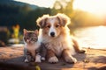 Cute kitty and puppy cudgeling together isolated .generative AI Royalty Free Stock Photo