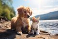 Cute kitty and puppy cudgeling together isolated .generative AI Royalty Free Stock Photo