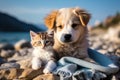 Cute kitty and puppy cudgeling together isolated .generative AI Royalty Free Stock Photo