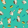 Cute kitty seamless pattern funny cat cartoon pet, kitten, doodle, with blue tosca green background Royalty Free Stock Photo