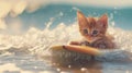 A cute kitty surfer enjoys a fun-filled summer day at the beach, riding waves with enthusiasm, Ai Generated