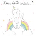 Cute kitty unicorn. Little cat girl sitting on the rainbow