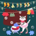 Cute kitty washes clothes. Vector illustration. Beautiful card with lovely animal and bubbles Royalty Free Stock Photo