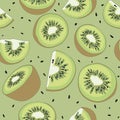 Cute kiwi fruit doodle lines seamless pattern on green square background Royalty Free Stock Photo