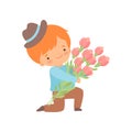 Cute Kneeling Little Boy with Bouquet of Flowers Cartoon Vector Illustration