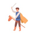 Cute knight boy in cloak holding sword on horse stick toy vector flat illustration. Child actor play warrior in theater