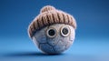 Cute knitted character: button eyes, hat, gray fabric texture, blue background image Royalty Free Stock Photo