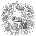 Cute knitted Christmas sock with sweet gifts from Santa Claus. Vector mandala coloring page for adults. Page for coloring book and