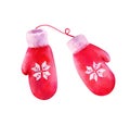 Cute knitted mittens, red colored with snowflake pattern. Winter accessory to protect hands from cold weather