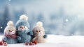 Cute knitted snowmen in the snow. Christmas background
