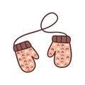 Cute knitted warm winter mittens on string. Vector