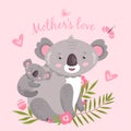Cute koala. Animal mom hugging baby. Australia forest koalas hugs. Cute childish artwork, tendernesses cartoon print