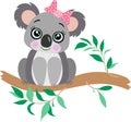 Cute koala on bamboo branch with green leaves