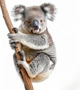 Cute koala bear clinging to a tree branch, isolated on white background.