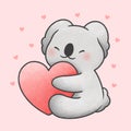 Cute koala bear hugging heart cartoon hand drawn style Royalty Free Stock Photo