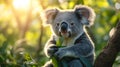 A cute koala bear sitting in a tree and eating eucalyptus leaves with the sun shining behind it Royalty Free Stock Photo