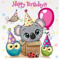 Cute Koala in the box and owls with balloon and bonnets