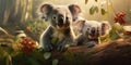 Cute Koala on branch of eucalyptus tree. Generative AI Royalty Free Stock Photo